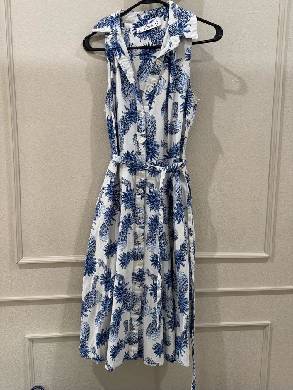 Chetta B cotton blue/white Pineapple collared Midi Dress size 12